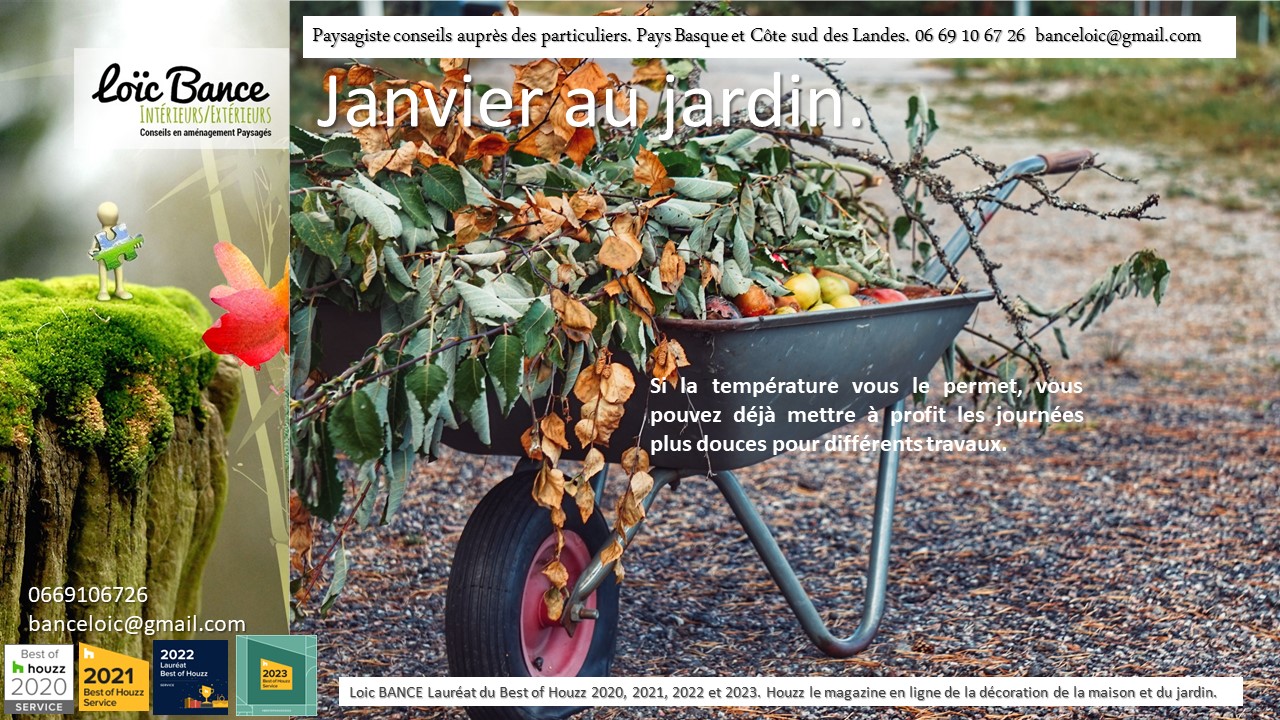 Janvier; jardins; travaux; ornemental; potager; verger; fruitiers; Radio; Jardins d'ici; Paysages; Aménagements paysagers; Landes; Paysagiste Landes; Pays Basque; Paysagiste Pays Basque; Concepteur de jardins; Ahetze; Paysagiste Ahetze; Anglet; Paysagiste Anglet; Arbonne; Paysagiste Arbonne; Arcangues; Paysagiste Arcangues; Bayonne; Paysagiste Bayonne; Biarritz; Paysagiste Biarritz; Capbreton; Paysagiste Capbreton; Guéthary; Paysagiste Guéthary; Hossegor; Paysagiste Hossegor; Saint Jean de Luz; Paysagiste Saint Jean de Luz; Seignosse; Paysagiste Seignosse; Tosse; Paysagiste Tosse; Dax; Paysagiste Dax; Mont de Marsan 40000; Paysagiste Mont de Marsan; Paysagiste Brassempouy; Brassempouy 40330; Paysagiste Ahaxe-Alciette-BascassanAhaxe-Alciette-Bascassan 64220; Saint-Pandelon 40180; Paysagiste Saint-Pandelon; Ascain 64310; Paysagiste Ascain; Amou 40330; Paysagiste Amou; Louhossoa 64250; Paysagiste Louhossoa; Tarnos 40220; Paysagiste TARNOS; Ondres; Paysagiste Ondres; Rivière-Saas-et-Gourby 40180; Paysagiste Rivière-Saas-et-Gourby; Bénesse-Maremne 40230; Paysagiste Bénesse Maremne; 